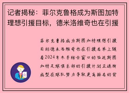 记者揭秘：菲尔克鲁格成为斯图加特理想引援目标，德米洛维奇也在引援名单上