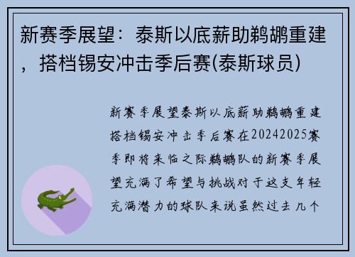 新赛季展望：泰斯以底薪助鹈鹕重建，搭档锡安冲击季后赛(泰斯球员)